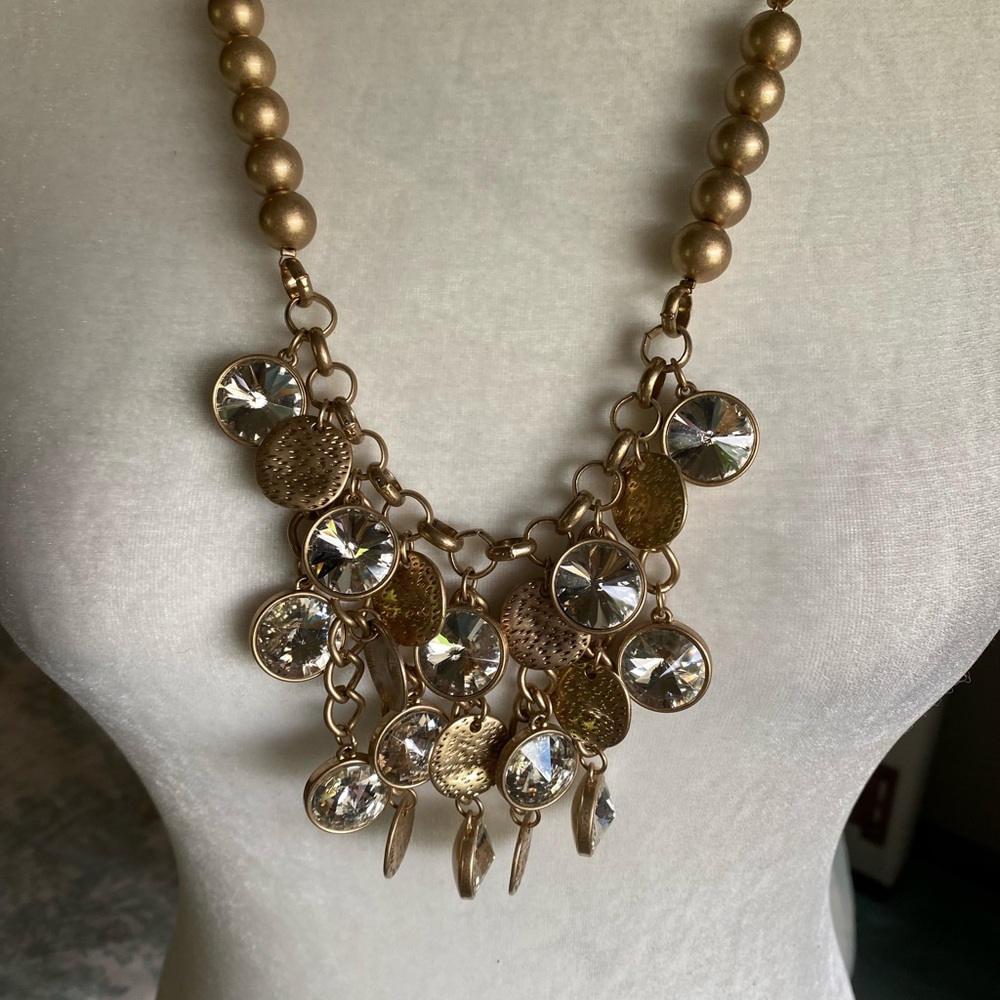 Premier Designs Gold Disc and Crystal Drop Necklace